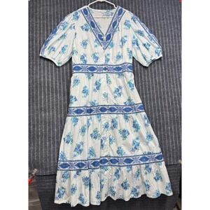 April Cornell for Modern Prairie Midi Dress‎ XL Blue White Floral Tiered (2263)